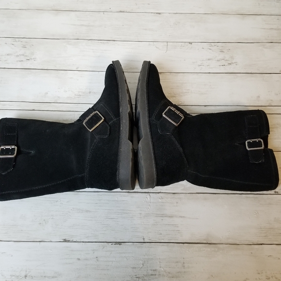 Unr8ted Rim Black Suede Leather Faux Fur Mid Calf Buckle Detail Pull On Boots - Picture 6 of 11